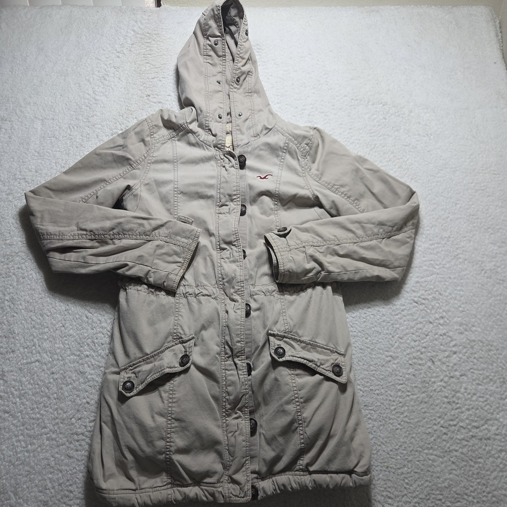 Y2K Hollister Fur Lined Anorak Jacket Womens Large Hood Utility Preppy Buttons